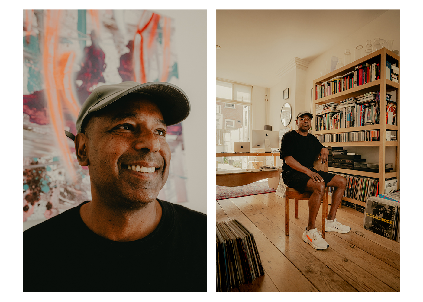 Two photos of Ramdath. In the first photo he is visible from the shoulders up. He is standing in front of a colorful painting and is smiling as he looks into the distance. In the second photo he issitting on a chair in front of a cabinet full of books and records.